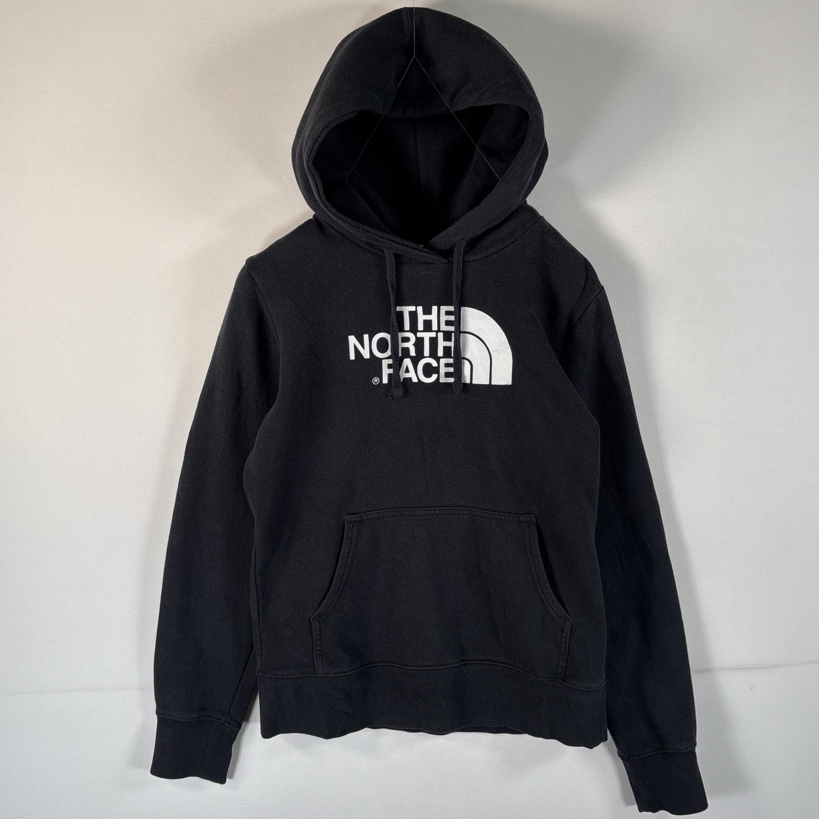 古着 ザ・ノースフェイス THE NORTH FACE パーカー ビッグロゴプリント フーディー マフポケット フード紐 S ブラック レディース