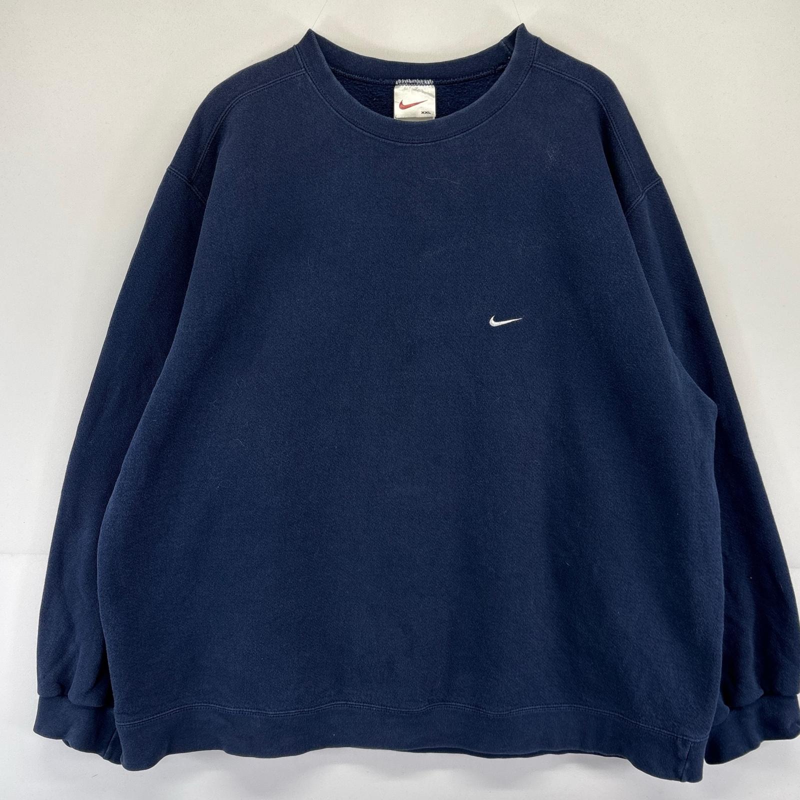 古着 90's/90年代 ナイキ NIKE USA製 スウェット スウッシュ クルーネック ワンポイントロゴ刺繍 大きいサイズ 2XL  ネイビー系 メンズ