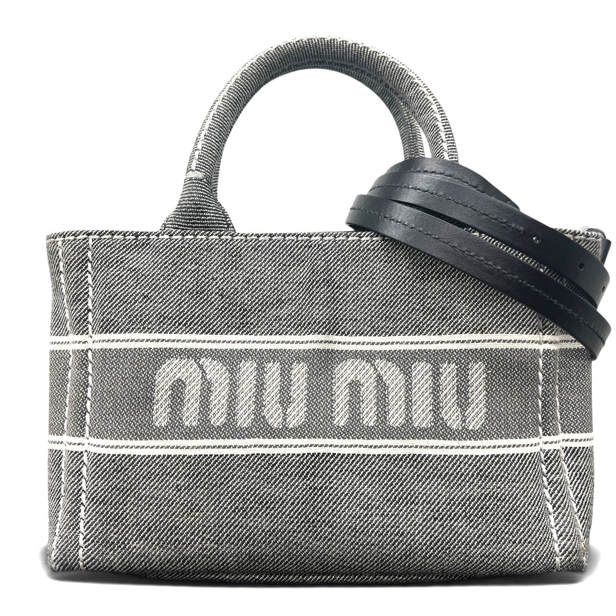 miumiu 希少 ミュウミュウ キャンバス ジャガード ロゴ ミニ 2way トートバッグ ショルダーバッグ 5BA253 RFID確認済 キャンバス グレー アイボリー クロスボディ ハンドバッグ Bランク 中古 鑑定済 ミュウミュウハンドバッグ