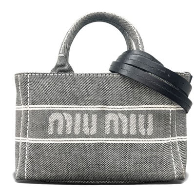 miumiu 希少 ミュウミュウ キャンバス ジャガード ロゴ ミニ 2way トートバッグ ショルダーバッグ 5BA253 RFID確認済 キャンバス グレー アイボリー クロスボディ ハンドバッグ Bランク 中古 鑑定済 ミュウミュウハンドバッグ