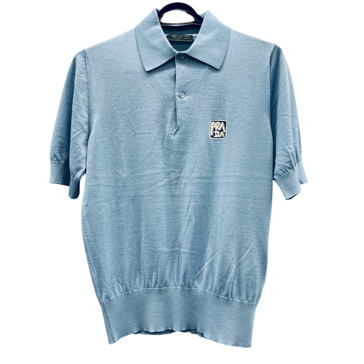PRADA 極美品 プラダ ロゴ ニット ポロシャツ 半袖 2018年 UMA922 ブルー マルチカラー #48 カットソー メンズ Aランク 中古 鑑定済 プラダポロシャツ