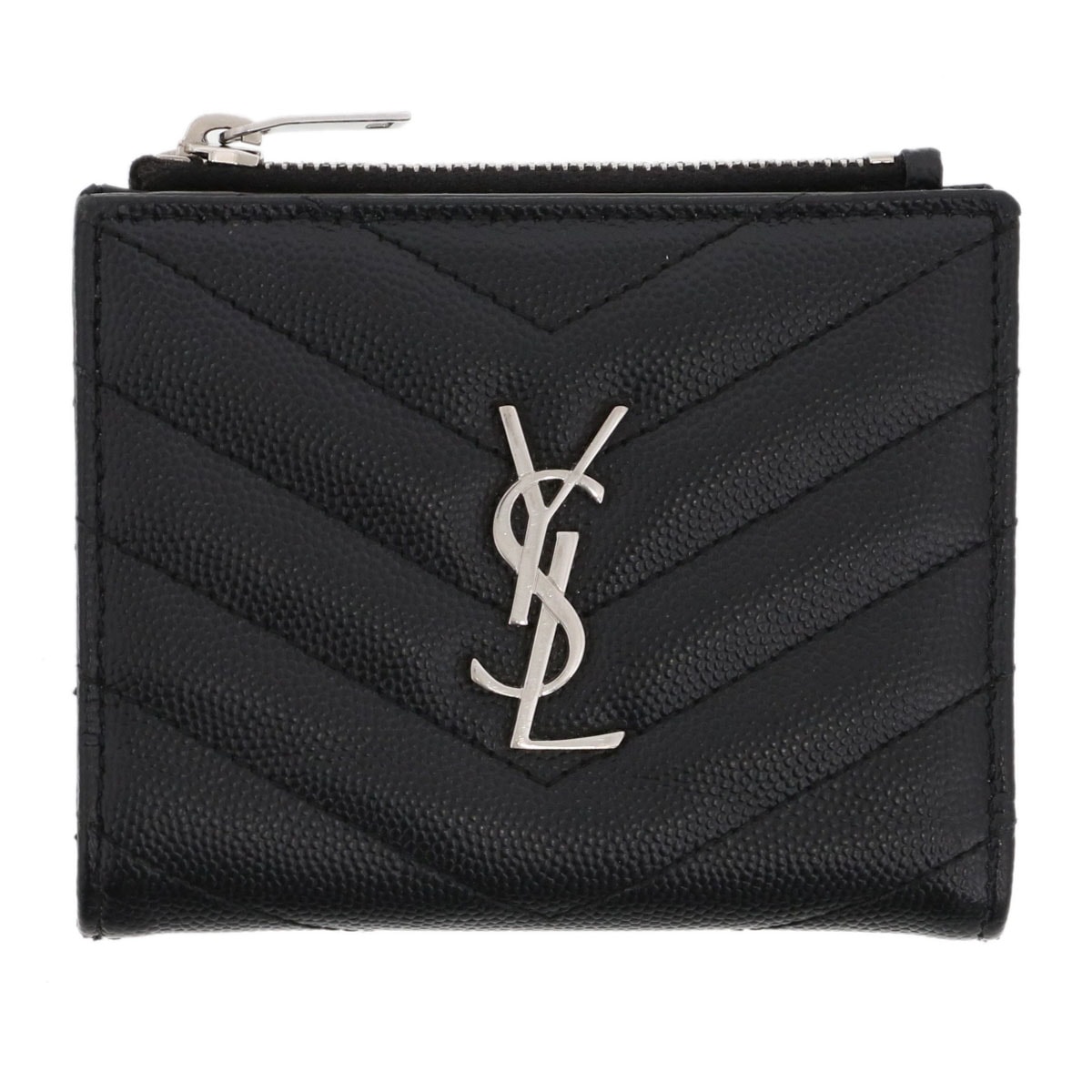 【再値下げ】SAINT LAURENT PARIS サンローランパリ Vステッチ コンパクトウォレット 二つ折り財布 575879 レザー ブラック シルバー金具 レディース【中古】