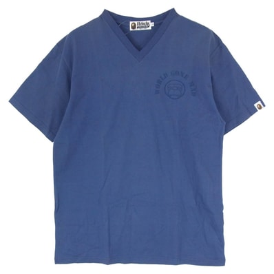 A BATHING APE アベイシングエイプ Tシャツ WORLD GONE MAD バックBAPEロゴプリント Vネック 半袖 カットソー Tシャツ ネイビー系 L【中古】