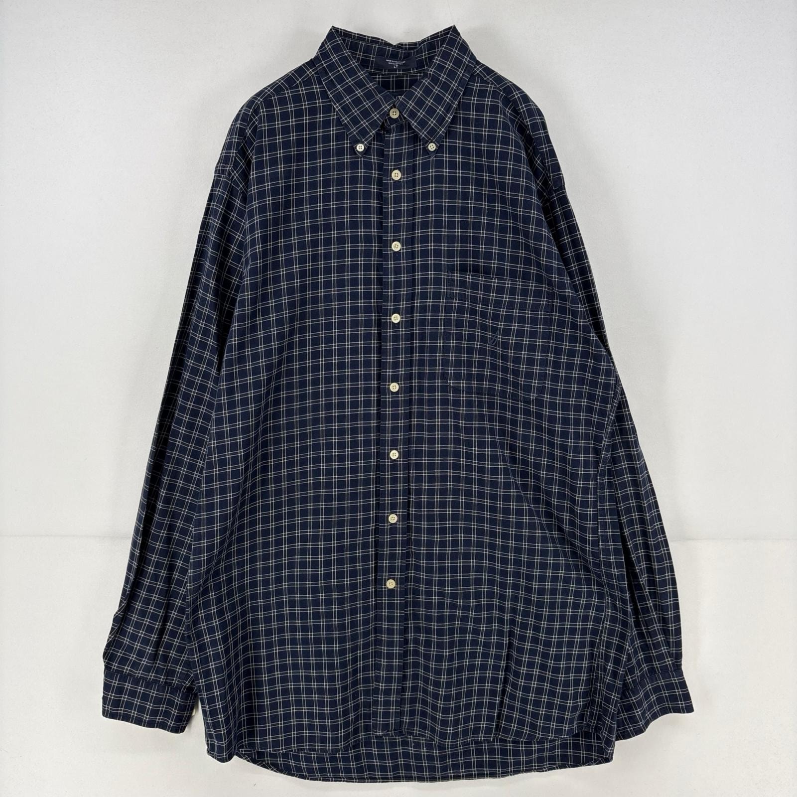 古着 ノーティカ NAUTICA 長袖シャツ ワンポイント 胸ポケット チェック ロゴ 刺繍 ボタンダウンシャツ L ネイビー系 チェック メンズ