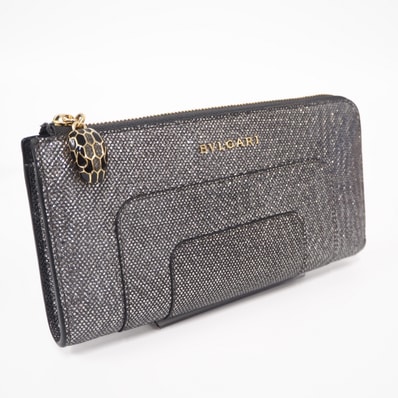 美品 BVLGARI ブルガリ セルペンティ ラウンドファスナー長財布 - 長財布 シルバー レザー カルングスキンレザー レディース