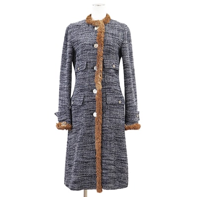 DOLCE&GABBANA ドルチェアンドガッバーナ ロングコート ツイード ファートリム DG ロゴ メタルボタン アルパカ × ウール レオパードライニング ノーカラー アウター レディース サイズ 40 ブルー系 ブラウン 青 茶色 イタリア製