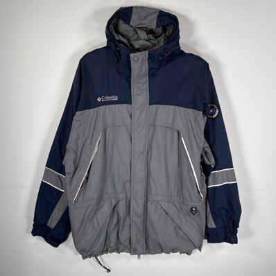 古着 90's/90年代 コロンビア Columbia ナイロンジャケット マウンテンパーカー 袖ワッペン フード付き L ネイビー メンズ