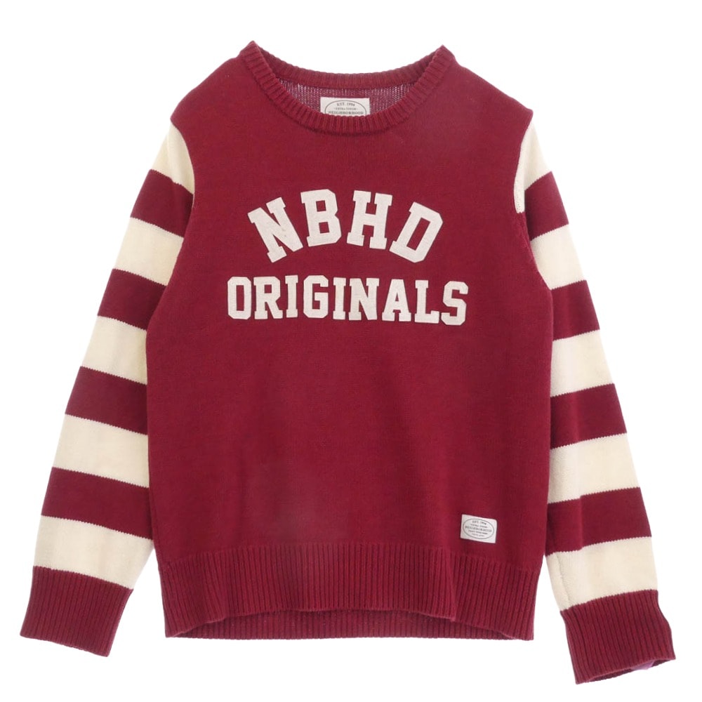 NEIGHBORHOOD ネイバーフッド ニット 15AW 152MANH-KNM04S B.D MF / CW-CREW.LS ウール混 NBHD ロゴワッペン アームボーダー ニット セーター オフホワイト系 レッド系 L【中古】