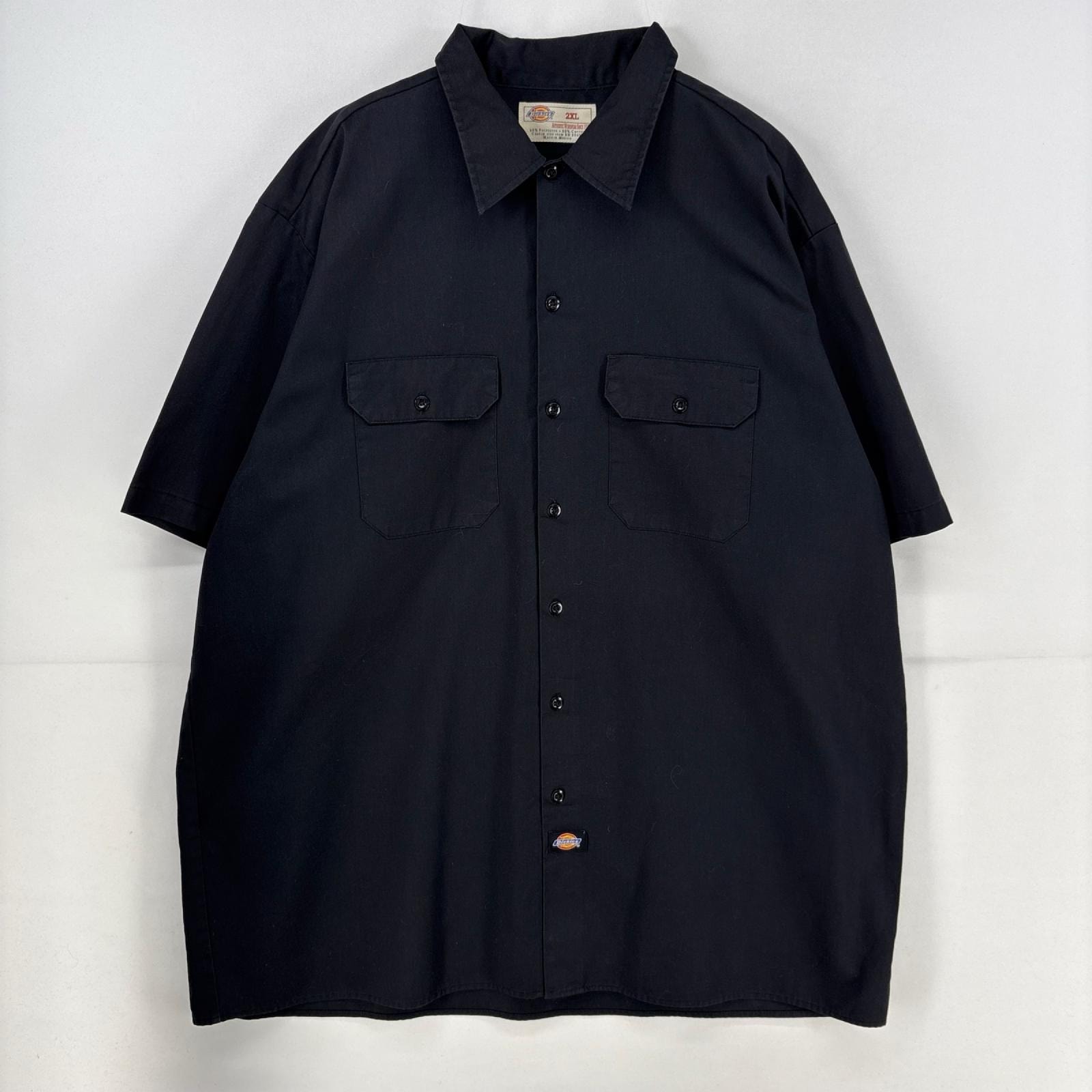 古着 ディッキーズ Dickies 半袖シャツ 胸ポケット ワーク 作業着 大きいサイズ ワンポイント 2XL ブラック 無地 メンズ