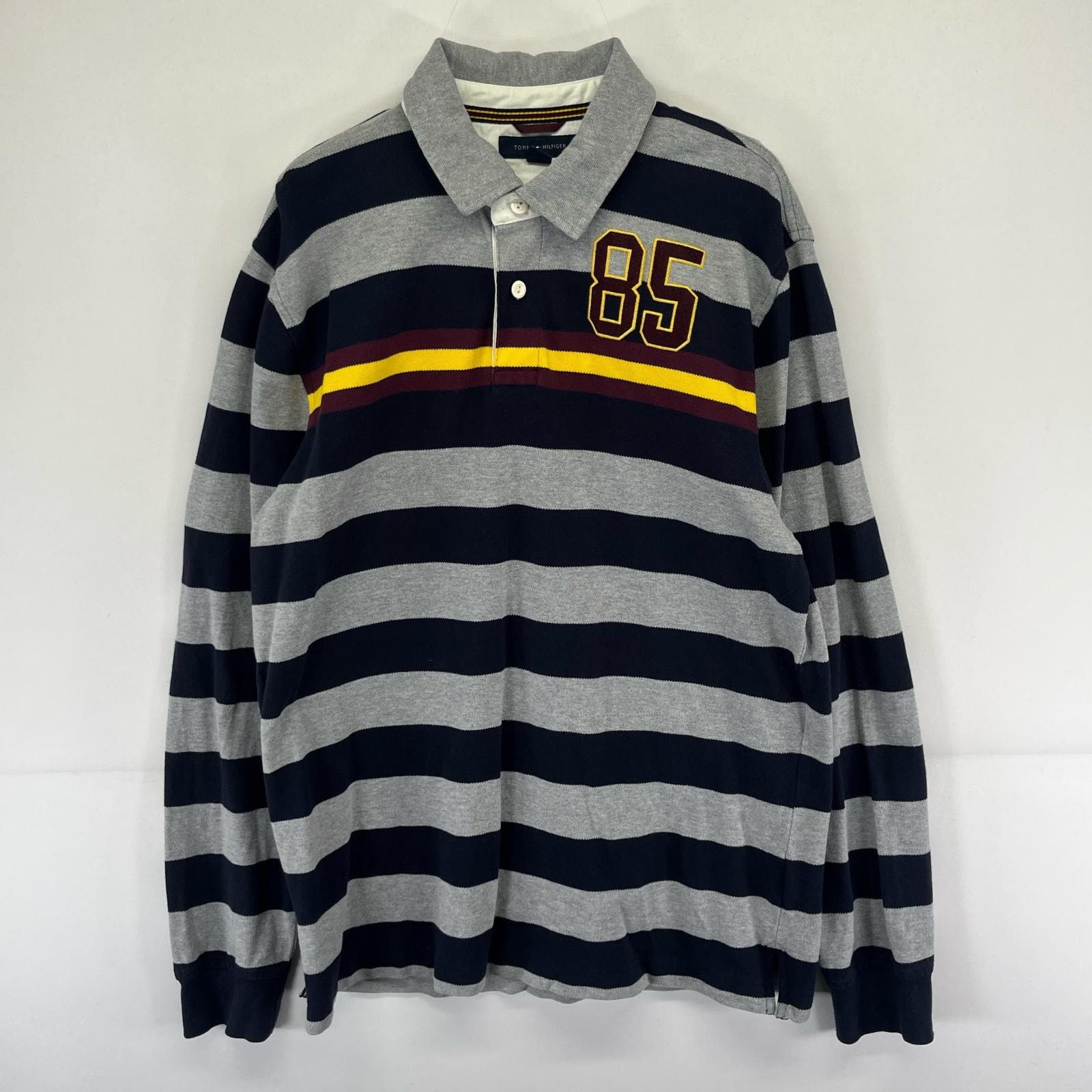 古着 トミーヒルフィガー TOMMY HILFIGER 長袖シャツ 刺繍 ポロシャツ プルオーバー L  グレー系 ボーダー メンズ