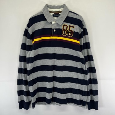古着 トミーヒルフィガー TOMMY HILFIGER 長袖シャツ 刺繍 ポロシャツ プルオーバー L グレー系 ボーダー メンズ