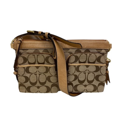 コーチ COACH ショルダーバッグ シグネチャー柄キャンバス ベージュ ダブルポケット ブラウン