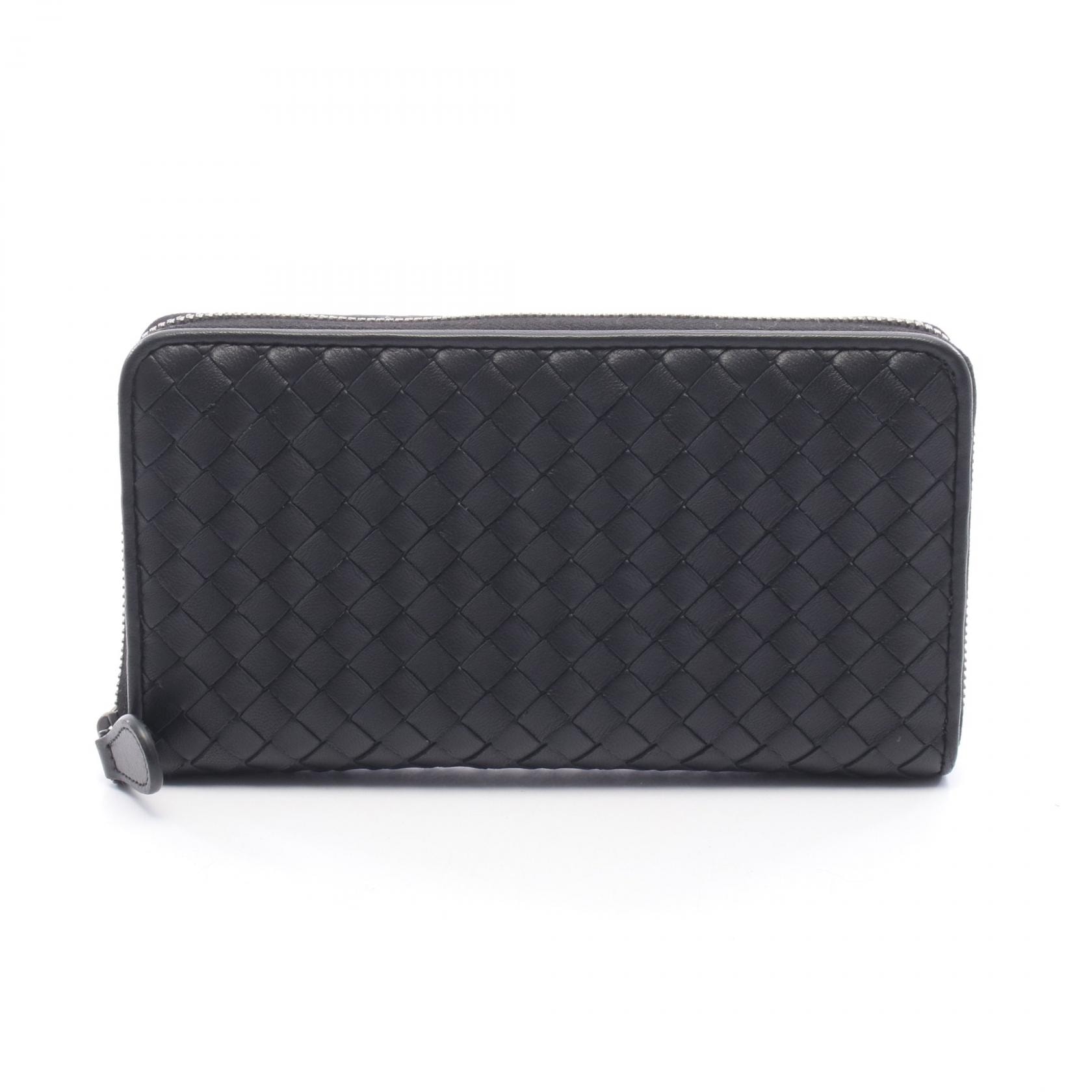 ボッテガヴェネタ BOTTEGA VENETA イントレチャート ラウンド長財布 財布 レザー メンズ ブラック系 【中古】