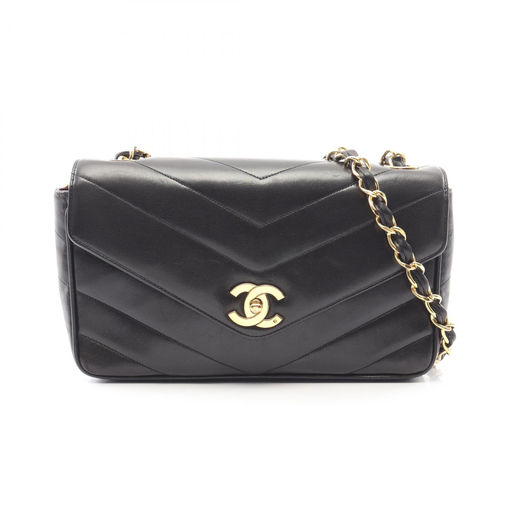 シャネル CHANEL Vステッチ ショルダーバッグ バッグ ラムスキン(羊革) レディース ブラック系 【中古】