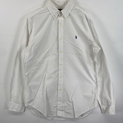 古着 ラルフローレン RALPH LAUREN 長袖シャツ ボタンダウン ロゴ刺繍 ワンポイントロゴ M ホワイト 無地 メンズ