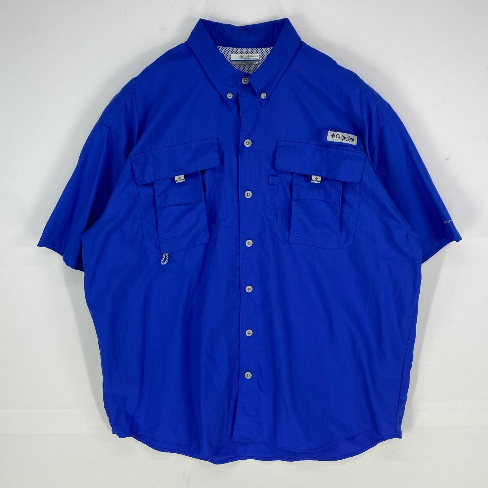 古着 コロンビア Columbia 半袖シャツ ボタンダウン PFG ワンポイント OMNI-SHADE ショートスリーブ M ブルー系 メンズ
