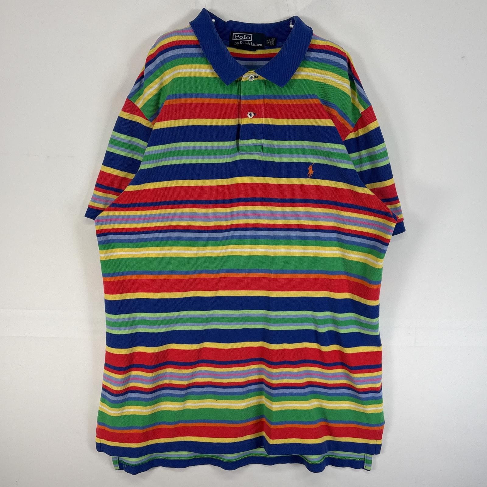 古着 90's/90年代 ポロバイラルフローレン Polo by Ralph Lauren 鹿の子 半袖 ポロシャツ ロゴ 刺繍 大きいサイズ 2ボタン XL マルチカラー ボーダー メンズ