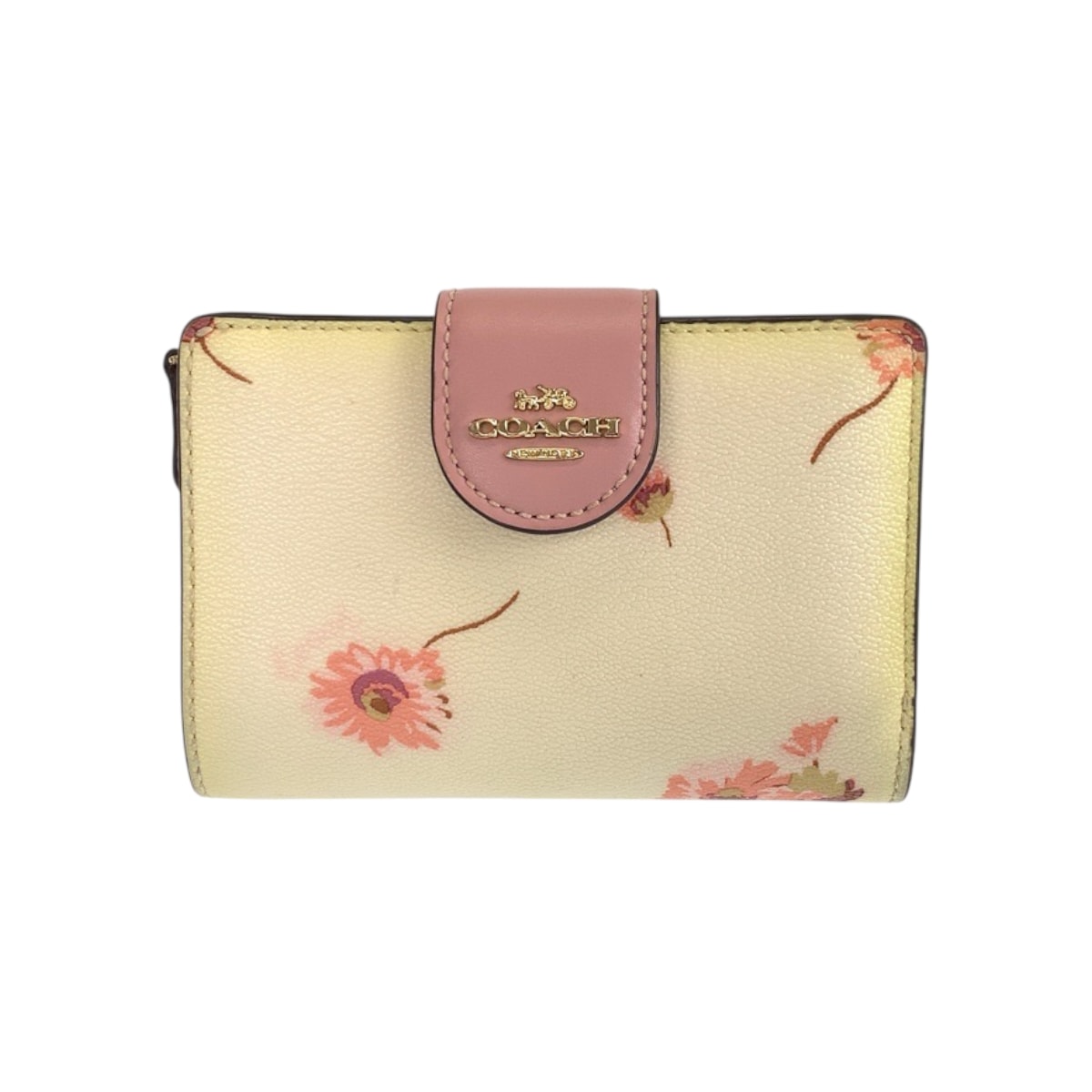 COACH コーチ フラワー イエロー ピンク ゴールド金具 レザー 折財布 コンパクトウォレット 600386 【中古】