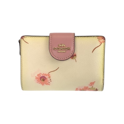 COACH コーチ フラワー イエロー ピンク ゴールド金具 レザー 折財布 コンパクトウォレット 600386 【中古】