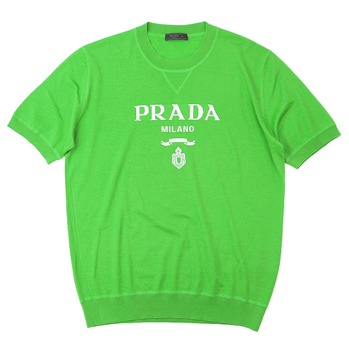 美品 プラダ 2021年製 ロゴモチーフ 半袖 ニット メンズ グリーン ホワイト 50 PRADA