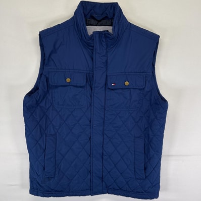 古着 トミーヒルフィガー TOMMY HILFIGER ナイロンベスト キルティング 中綿 ウエストアジャスター ワンポイントロゴ フルジップ M ブルー メンズ
