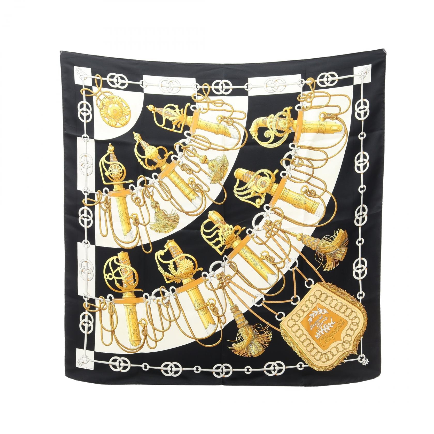 エルメス HERMES カレ90 Cliquetis スカーフ 衣料品 シルク シルク レディース ブラック系 / ホワイト系 / イエロー系 【中古】