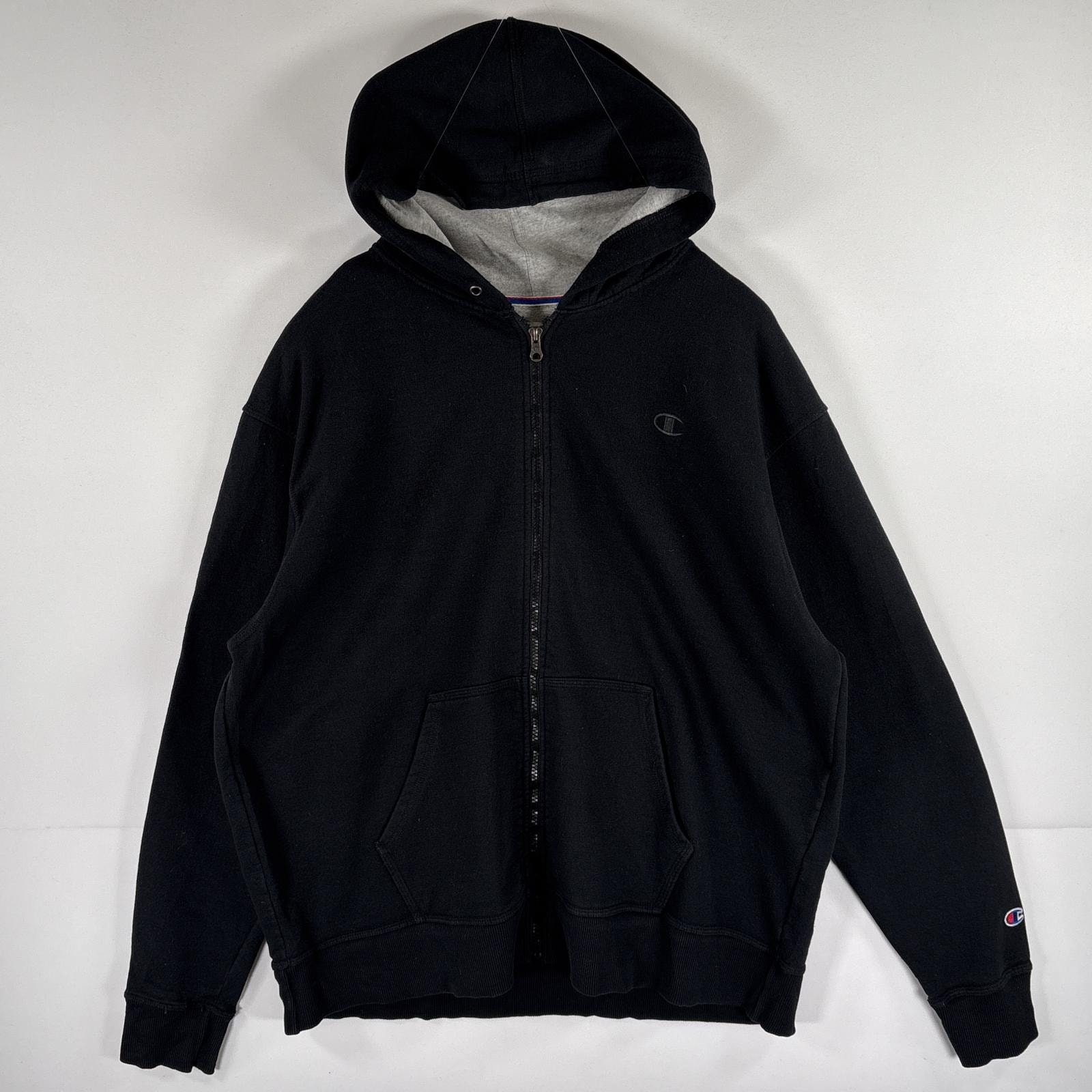 古着 チャンピオン Champion パーカー スウェット フルジップ ワンポイントロゴ刺繍 大きいサイズ XL  ブラック メンズ
