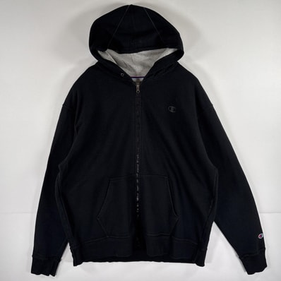 古着 チャンピオン Champion パーカー スウェット フルジップ ワンポイントロゴ刺繍 大きいサイズ XL ブラック メンズ