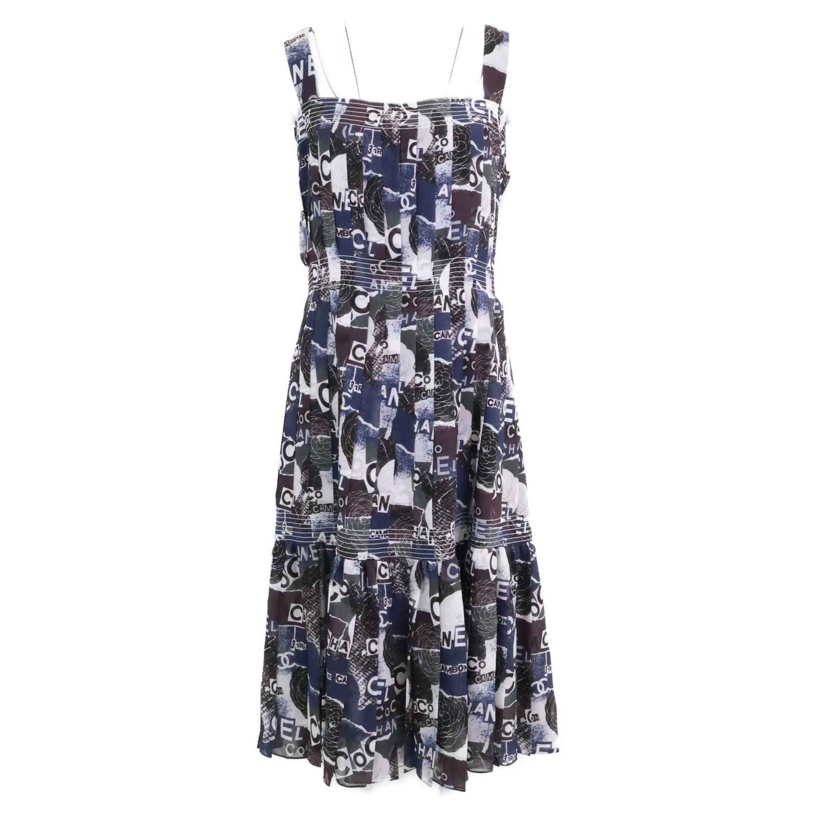 シャネル 【美品/国内正規】P63200V48706 総柄 シルク ノースリーブ プリーツ 36