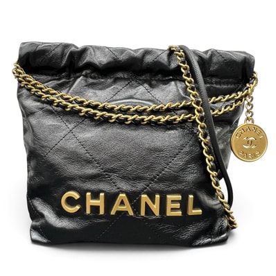 CHANEL 展示品級美品 シャネル22 2way ミニハンドバッグ チェーンショルダーバッグ AS3980 カーフスキン レザー ブラック ゴールド金具 ホーボーバッグ ポシェット 巾着 ココマーク SAランク 鑑定済 中古 シャネルバッグ