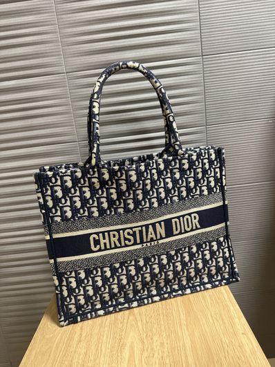 Dior Book Tote Small Bag Oblique Embroidery "Ecru/Blue"