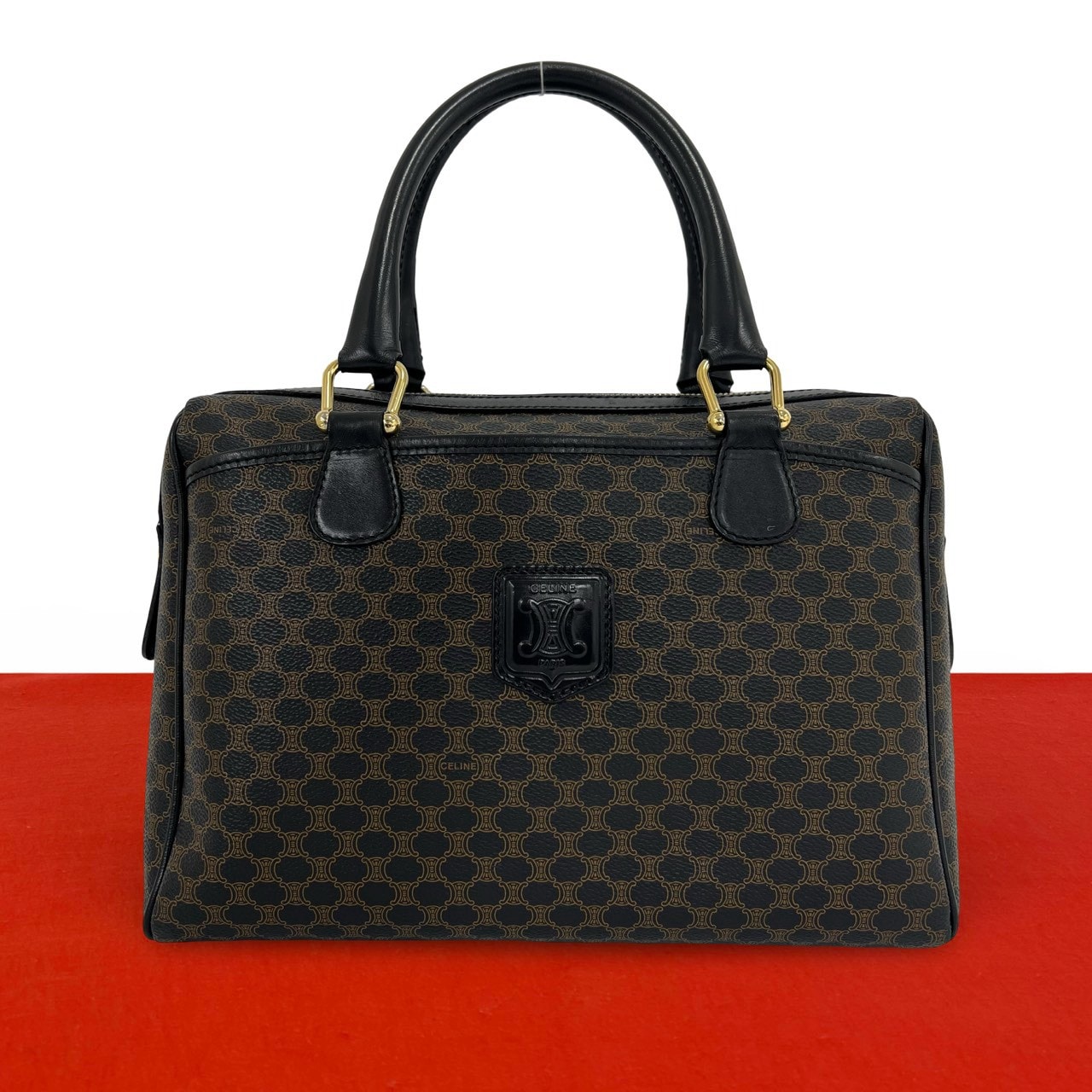 CELINE セリーヌ マカダム ブラゾン 柄 トリオンフ レザー PVC ボストンバッグ ブラック
 40332