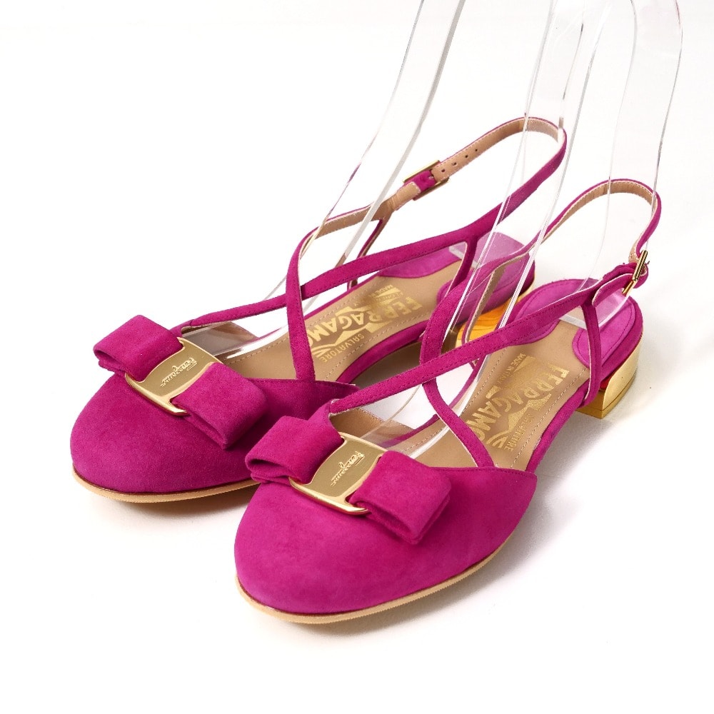 ■美品■Salvatore Ferragamo サルヴァトーレフェラガモ Felma Flat サンダル サイズ5 D ヴァラリボン スエード ストラップ スリングバック フラット ブランド古着【中古】20260213/RA7711