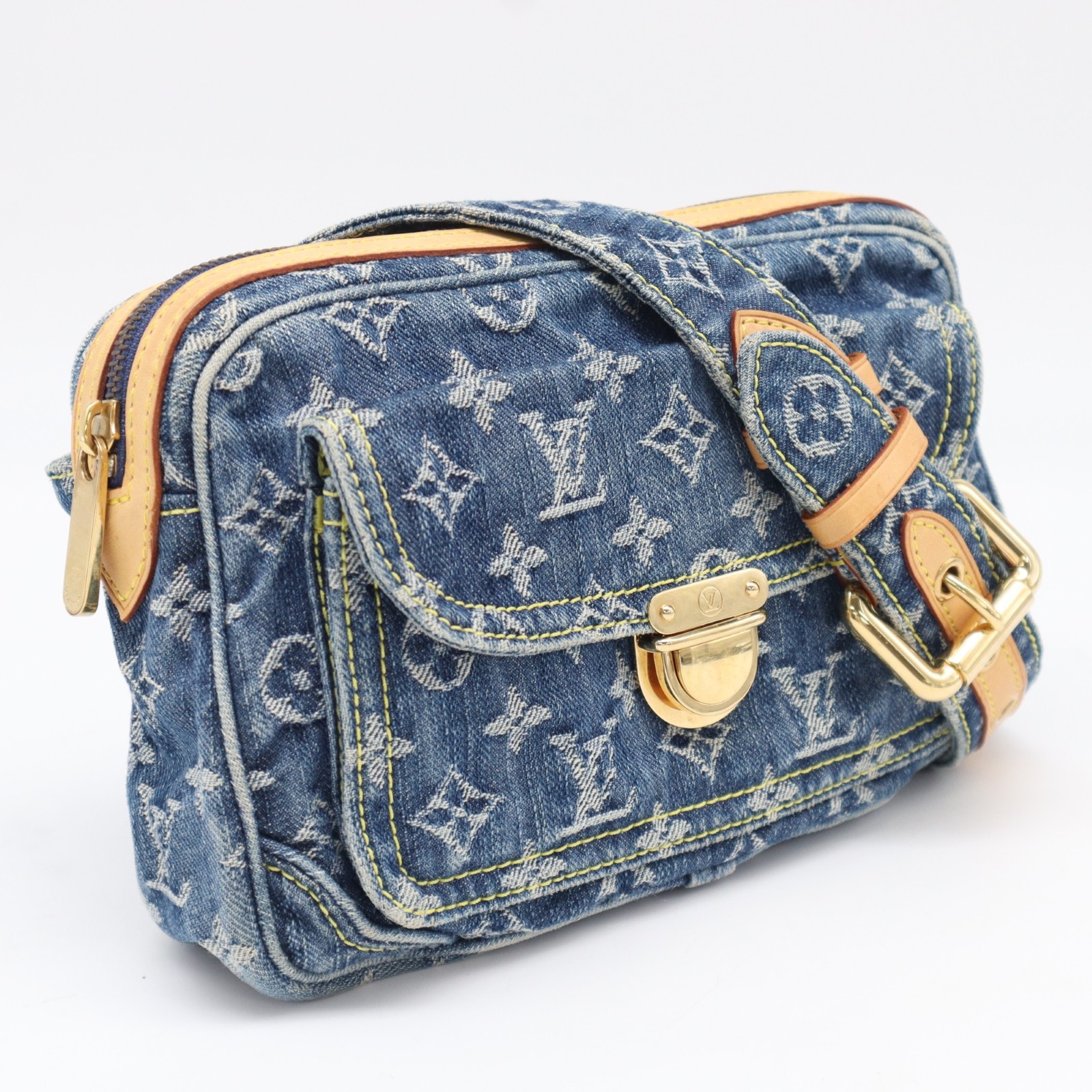 美品 LOUIS VUITTON ルイ・ヴィトン モノグラム デニム バムバッグ M95347 ウエストバッグ ブルー ベージュ コットン レディース