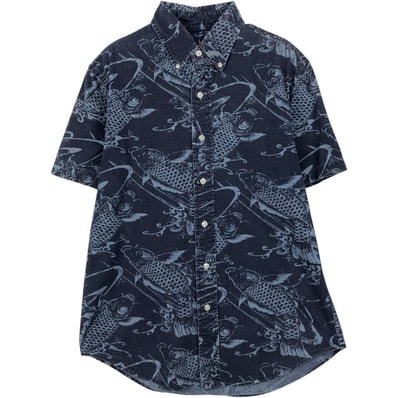 古着 ラルフローレン Ralph Lauren SLIM FIT スリムフィット 総柄 魚柄 和柄 ボタンダウン ハワイアンアロハシャツ メンズM相当/eaa635932