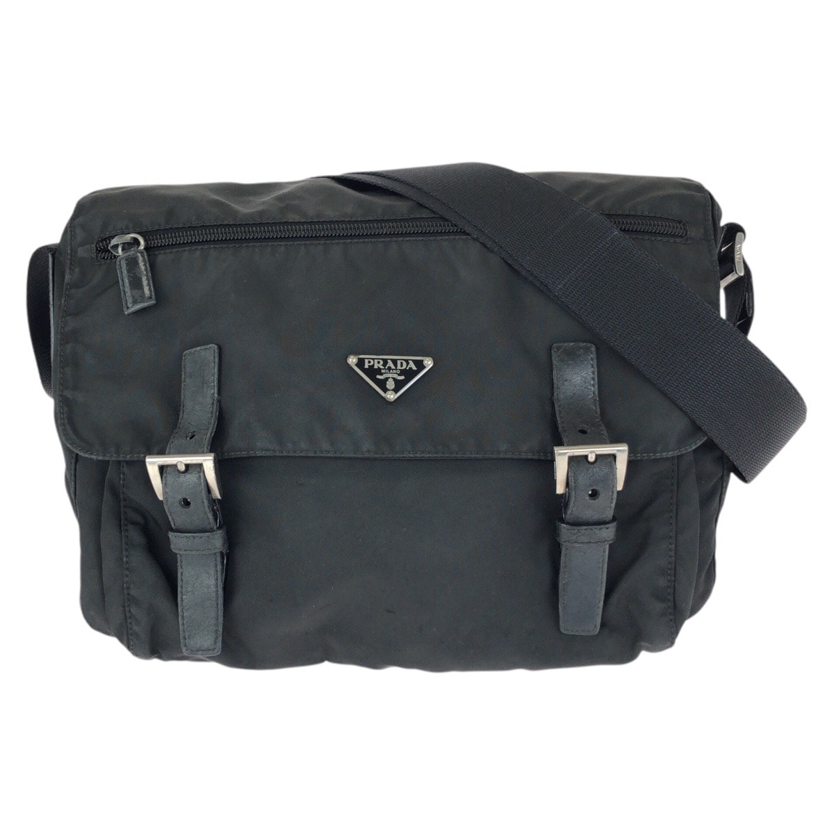 PRADA プラダ テスート 三角ロゴプレート ブラック 黒 シルバー金具 ナイロン レザー/ ショルダーバッグ メッセンジャーバッグ 601089 【中古】
