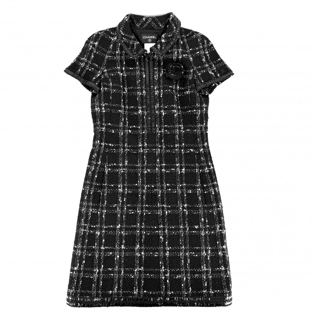 CHANEL シャネル ワンピース ツイード カメリア 半袖 服 アパレル 38 ブラック 黒 ゴールド金具 コットン  ポリエステル  アクリル  レディース 夏 美品【中古品】