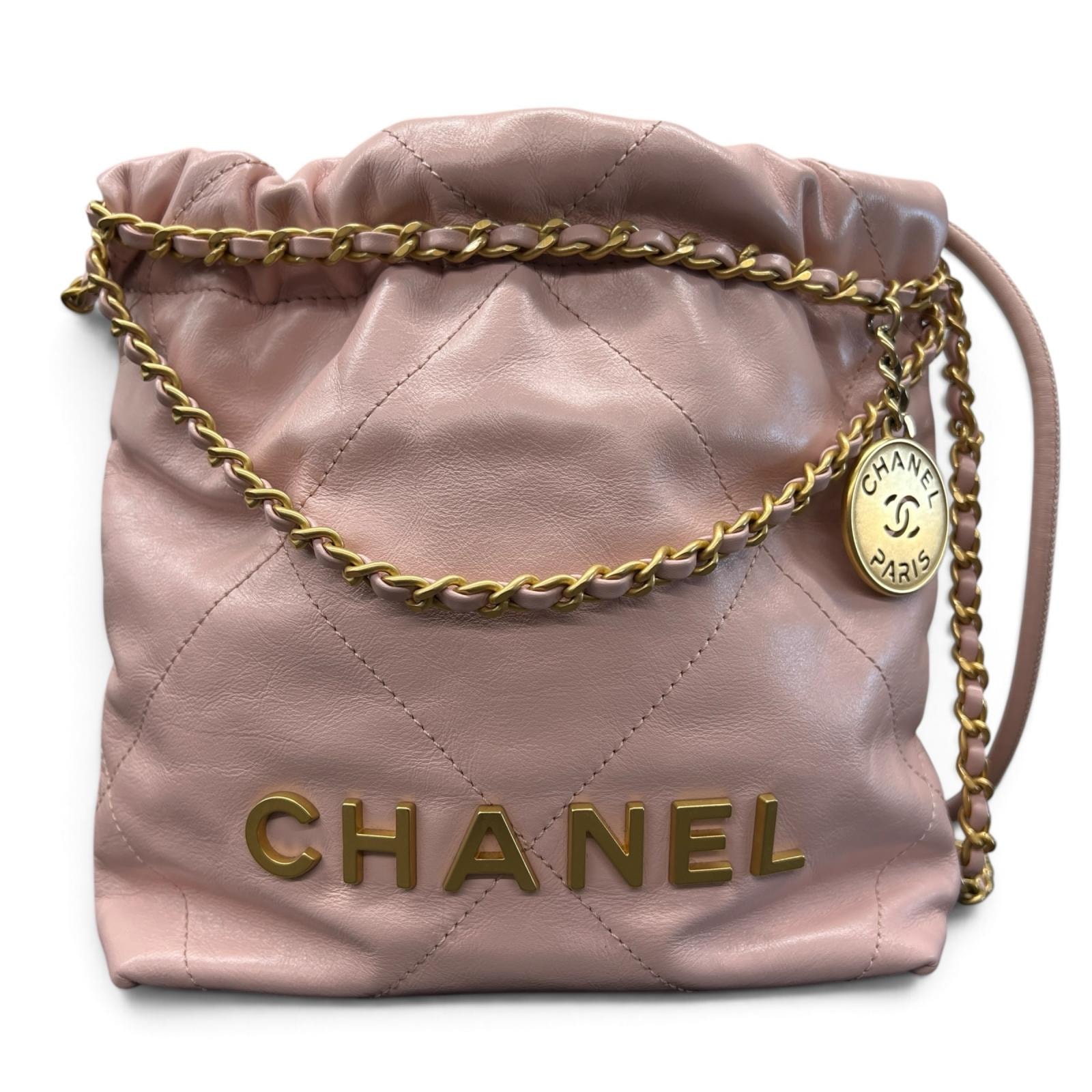 CHANEL 極美品 シャネル22 ミニ マトラッセ 2way ハンドバッグ チェーンショルダーバッグ AS3980 カーフスキン レザー シリアルプレート ピンク ゴールド金具 ホーボーバッグ ポシェット 巾着 ココマーク Aランク 鑑定済 中古