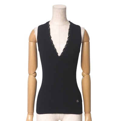 DOLCE&GABBANA ドルチェアンドガッバーナ ニット サイズ40 Vネック ノースリーブ リブニット フリル レース DGロゴ装飾 イタリア製 ブランド古着【中古】20250527/RA4874