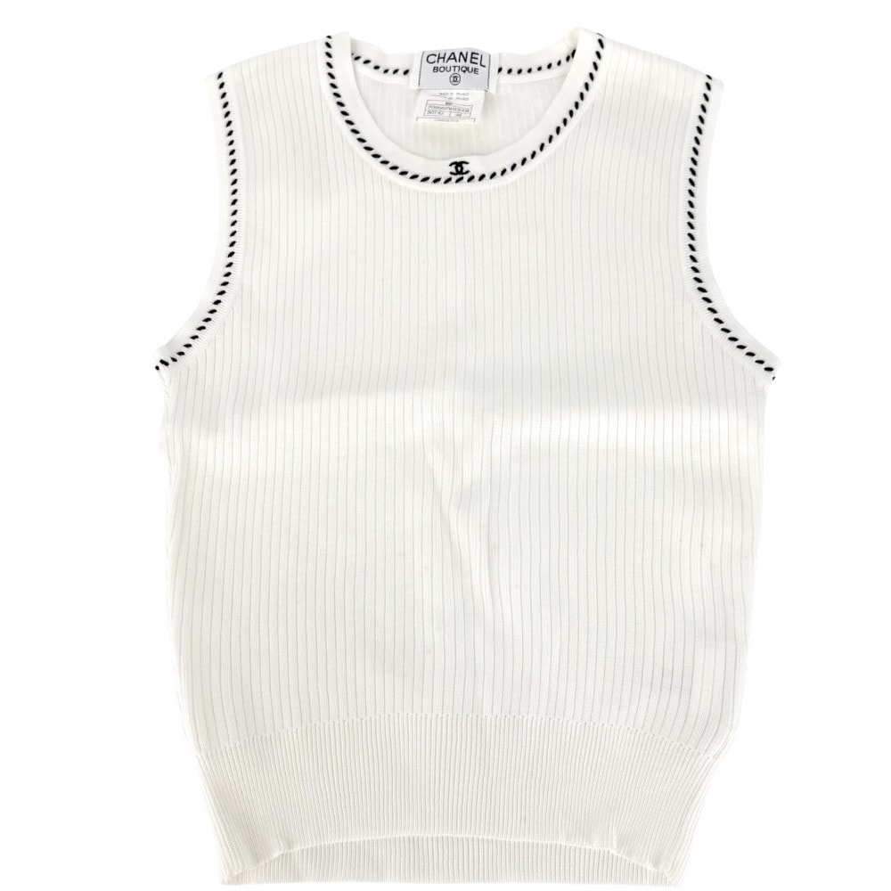 CHANEL シャネル タンクトップ ココマーク ノースリーブ アパレル 服 ニット 38 P06660W03008 ホワイト 白 ブラック 黒 コットン    レディース 夏【中古品】