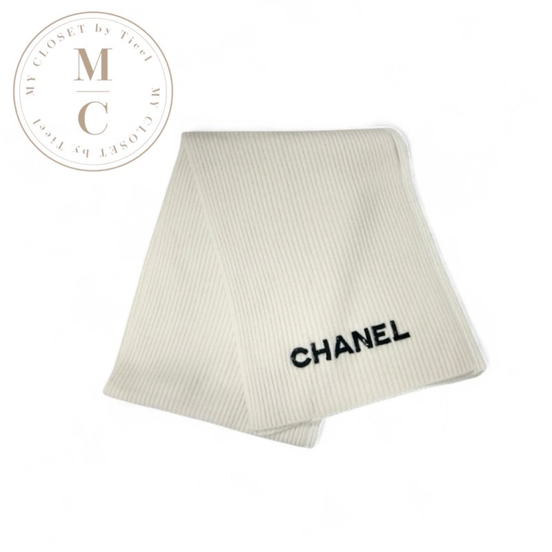シャネル CHANEL マフラー カシミヤ ホワイト 白 ロゴ スパンコール