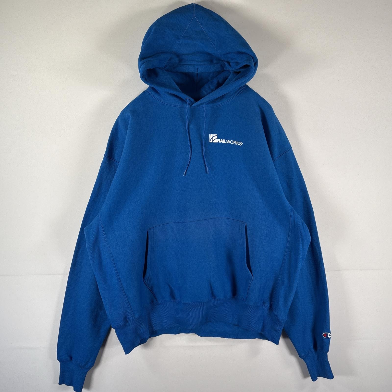 古着 チャンピオン Champion パーカー プレミアムリバースウィーブ スウェット 大きいサイズ フーディ 企業ロゴプリント XL  ブルー メンズ