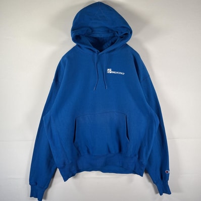 古着 チャンピオン Champion パーカー プレミアムリバースウィーブ スウェット 大きいサイズ フーディ 企業ロゴプリント XL ブルー メンズ