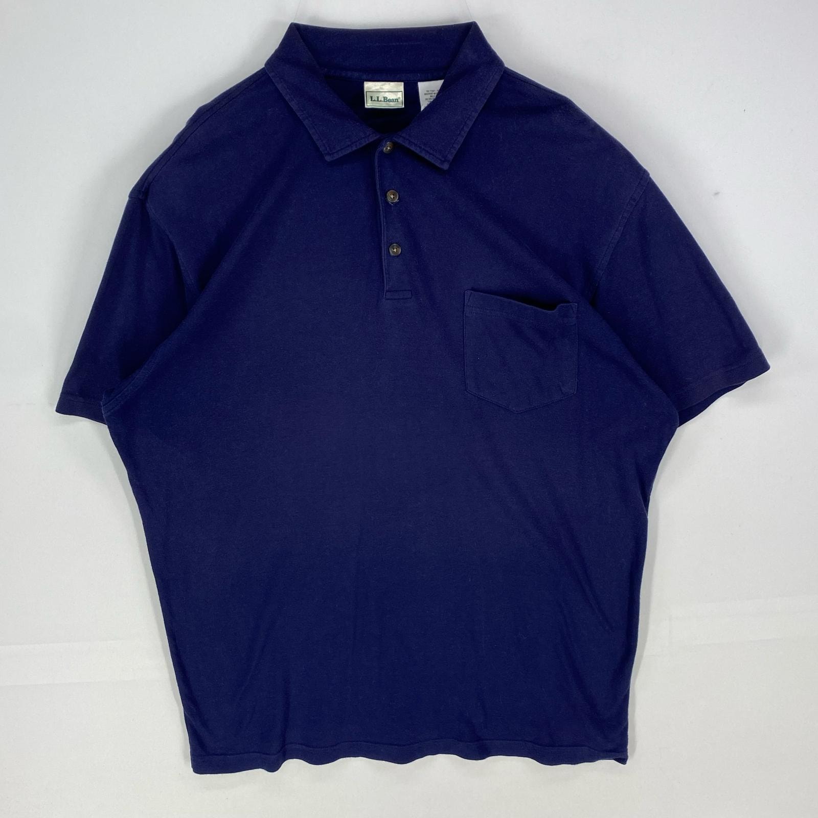 古着 90's/90年代 エルエルビーン L.L.Bean 半袖シャツ アウトドア 胸ポケット ポロシャツ L ネイビー系 無地 メンズ