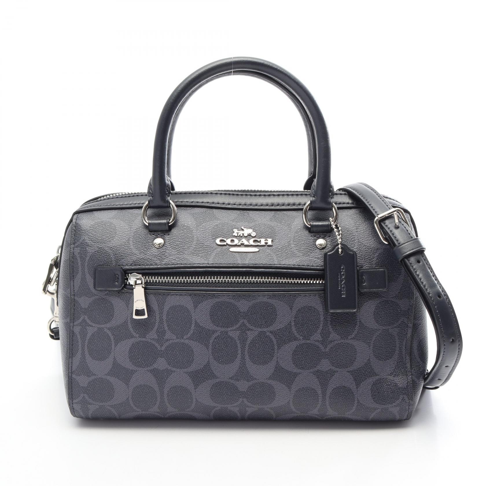 コーチ COACH ローアン サッチェル シグネチャー 2WAY ハンドバッグ バッグ PVCコーティングキャンバス レザー レディース ネイビー系 / グレー系 93987 【中古】