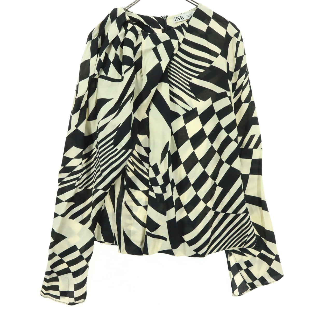 美品 ZARA ザラ 総柄 長袖 背中 ジップアップ ブラウス S ブラック系