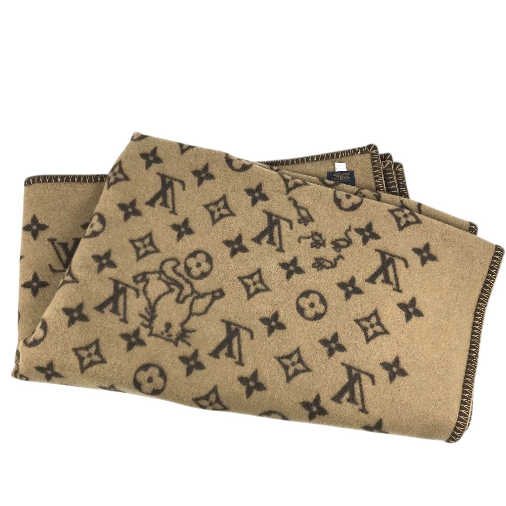 ルイヴィトン LOUIS VUITTON クラシック キャットグラム ブランケット MP2259 毛布 インテリア 猫 アニマル ブランケット ウール/カシミヤ ブラウン 美品