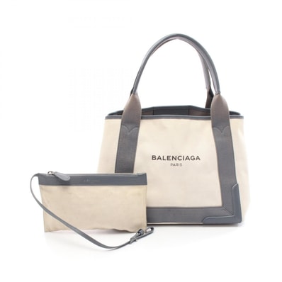 バレンシアガ BALENCIAGA NAVY CABAS S ネイビーカバ トートバッグ バッグ キャンバス レザー レディース アイボリー系 / グレー系 【中古】