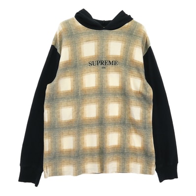 Supreme シュプリーム 17AW Shadow Plaid Hooded L/S Top チェック 切替 刺? ロゴ プルオーバー パーカー ベージュ系 ブラック系 S【中古】