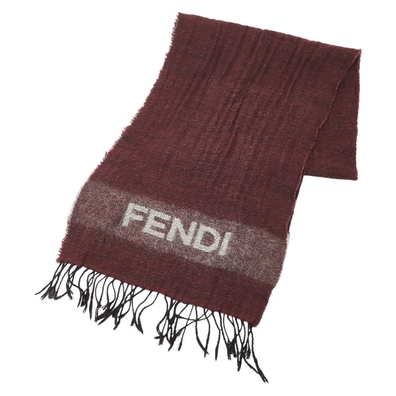 FENDI ロゴ入り マフラー レッド/ブラック C (やや傷や汚れあり)】フェンディ ロゴ マフラー ワインレッド